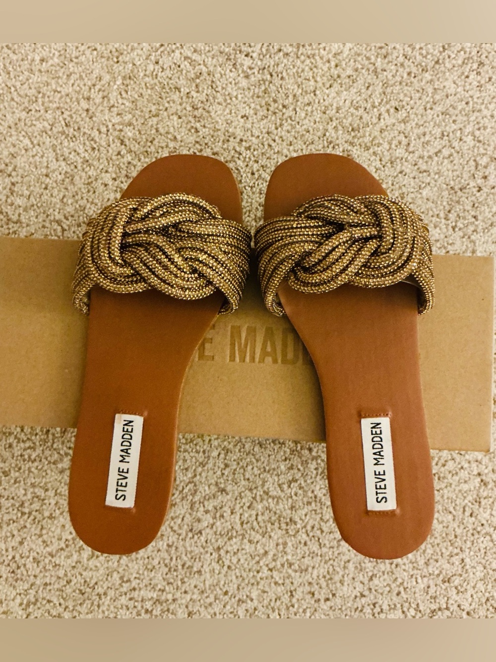 Steve Madden Adore Metallic Gold Rhinestone Braided Slides with box - Picture 2 of 7